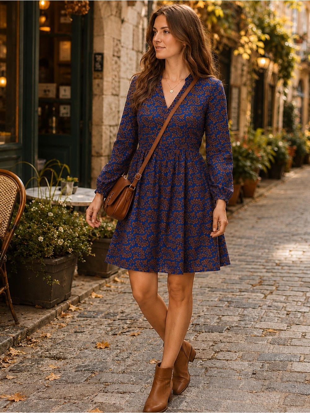 Boden Blue & Brown Floral Long Sleeve Dress US 6R UK 10R | Cottagecore